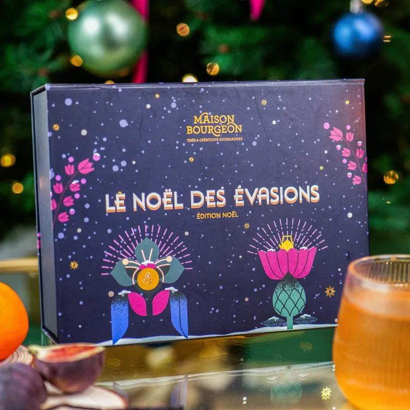 Coffret Noël des Évasions de Maison Bourgeon présenté de face, avec son décor bleu nuit et ses fleurs colorées, devant un sapin.