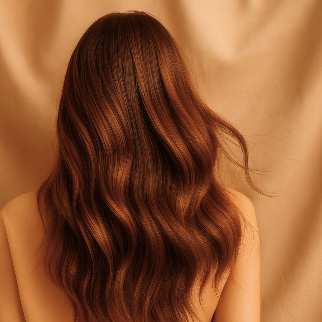 Chevelure longue et ondulée vue de dos, aux reflets cuivrés sur fond de tissu satiné beige doré.