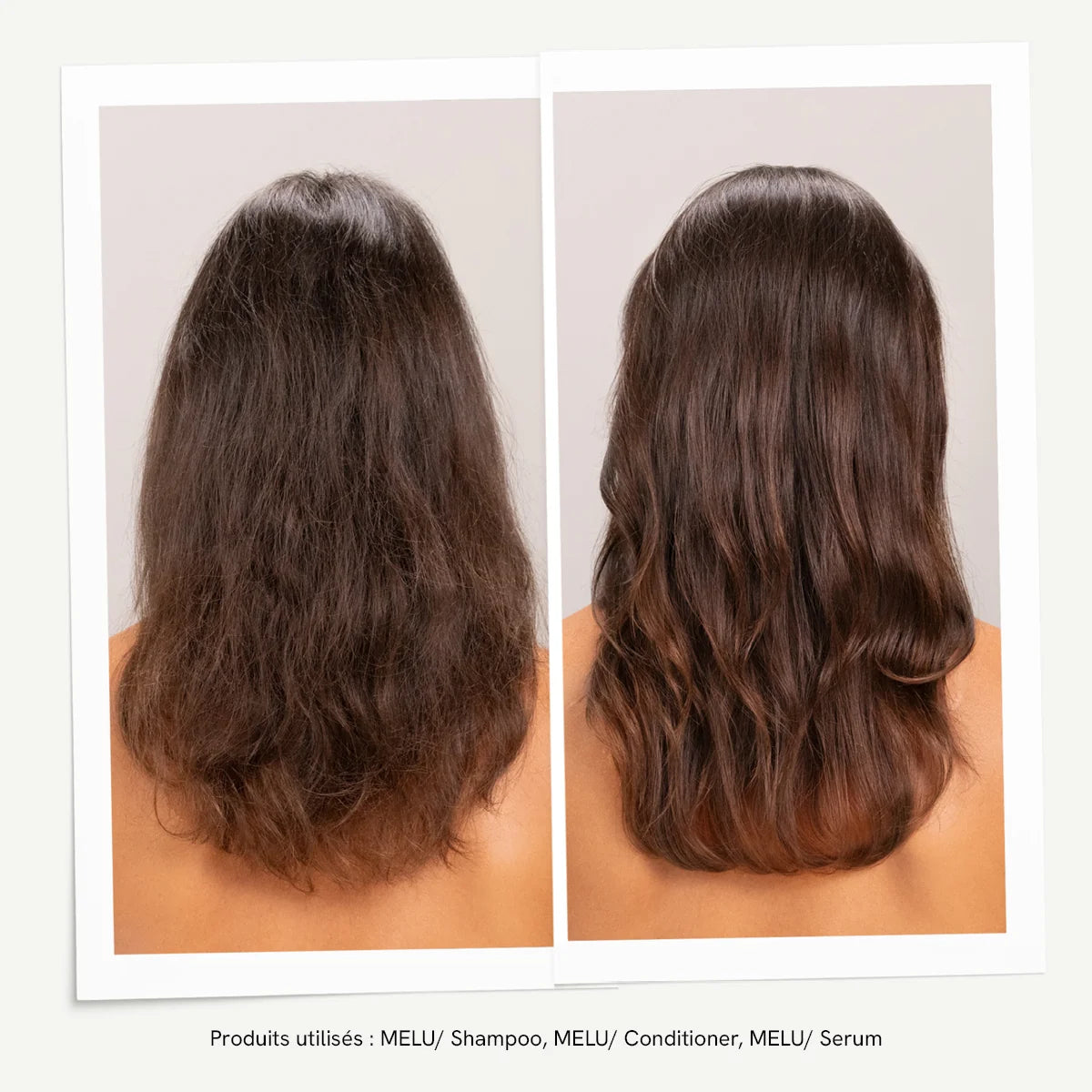 Comparaison des longueurs avant et après une routine Davines MELU sur cheveux longs bruns