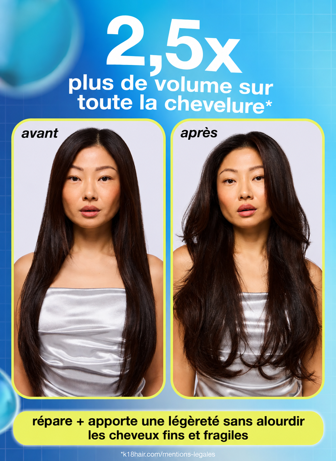 Comparaison avant et après AstroLift sur des cheveux longs et bruns, avec davantage de volume et de mouvement après coiffage, selon K18.