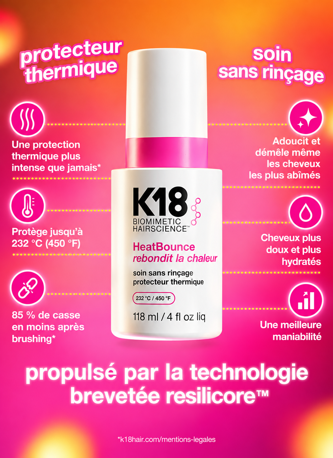 Infographie K18 HeatBounce présentant une protection jusqu’à 232 °C, 85 % de casse en moins après brushing et une action adoucissante et démêlante, selon K18.