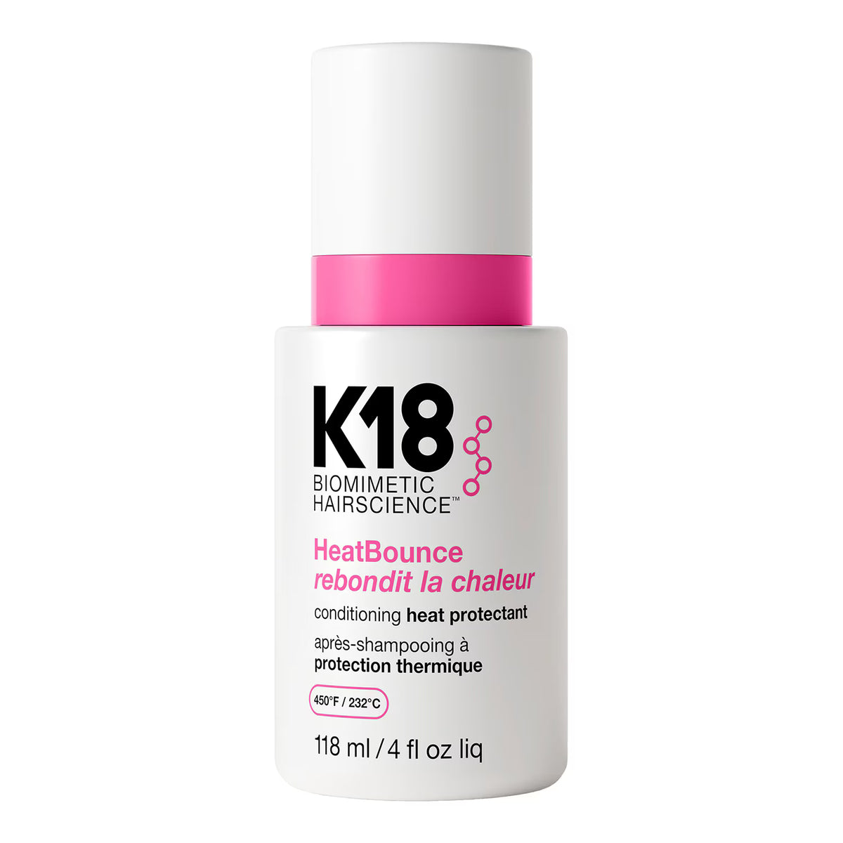 Flacon blanc du soin thermoprotecteur K18 HeatBounce 118 ml, avec bague rose et capuchon blanc, sur fond blanc.