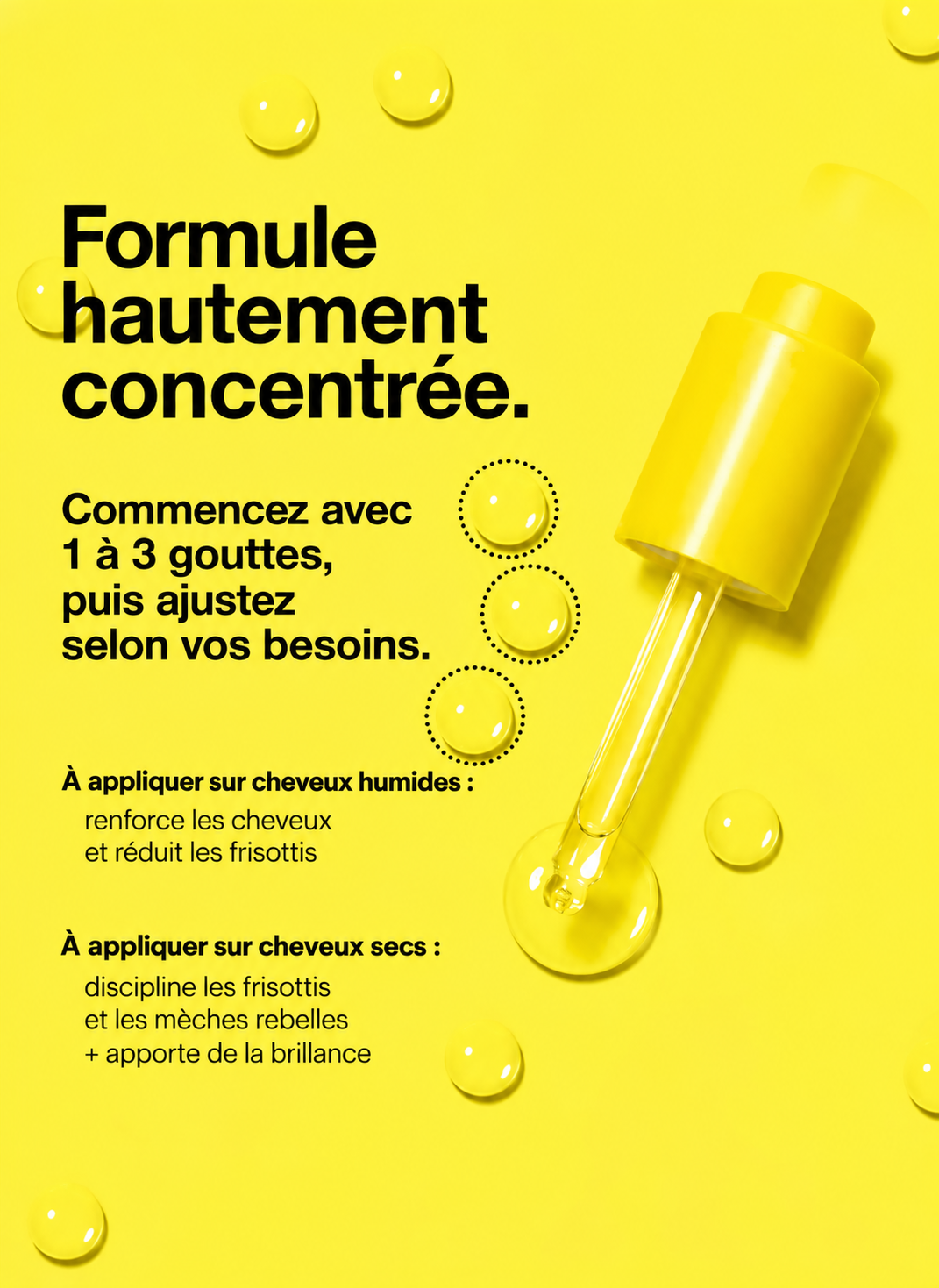 Conseils d’application de l’huile K18 : commencer par 1 à 3 gouttes, puis ajuster selon les besoins, sur cheveux humides ou secs.