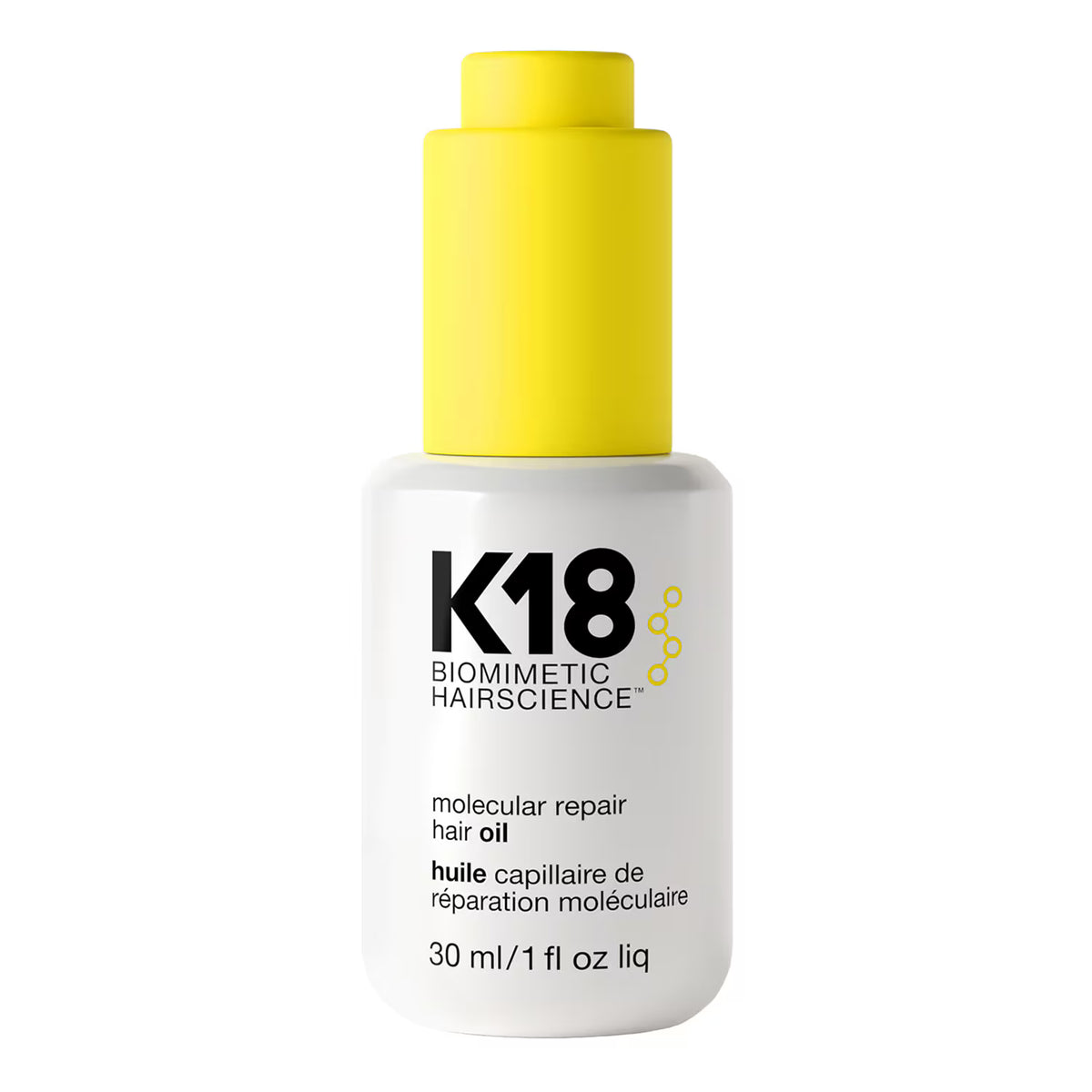 Flacon blanc de l’huile réparatrice K18 Molecular Repair Hair Oil 30 ml, avec pipette jaune, sur fond blanc.