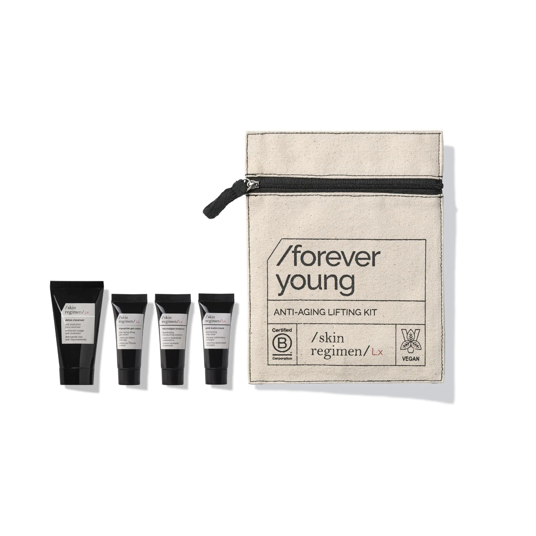 Coffret Forever Young /skin regimen/ Lx : trousse en coton beige zippée et quatre mini-soins visage (Detox Cleanser, Microalgae Essence, Tripeptide Gel Cream, Pink Kaolin Mask) alignés sur fond blanc, kit lifting anti-âge.