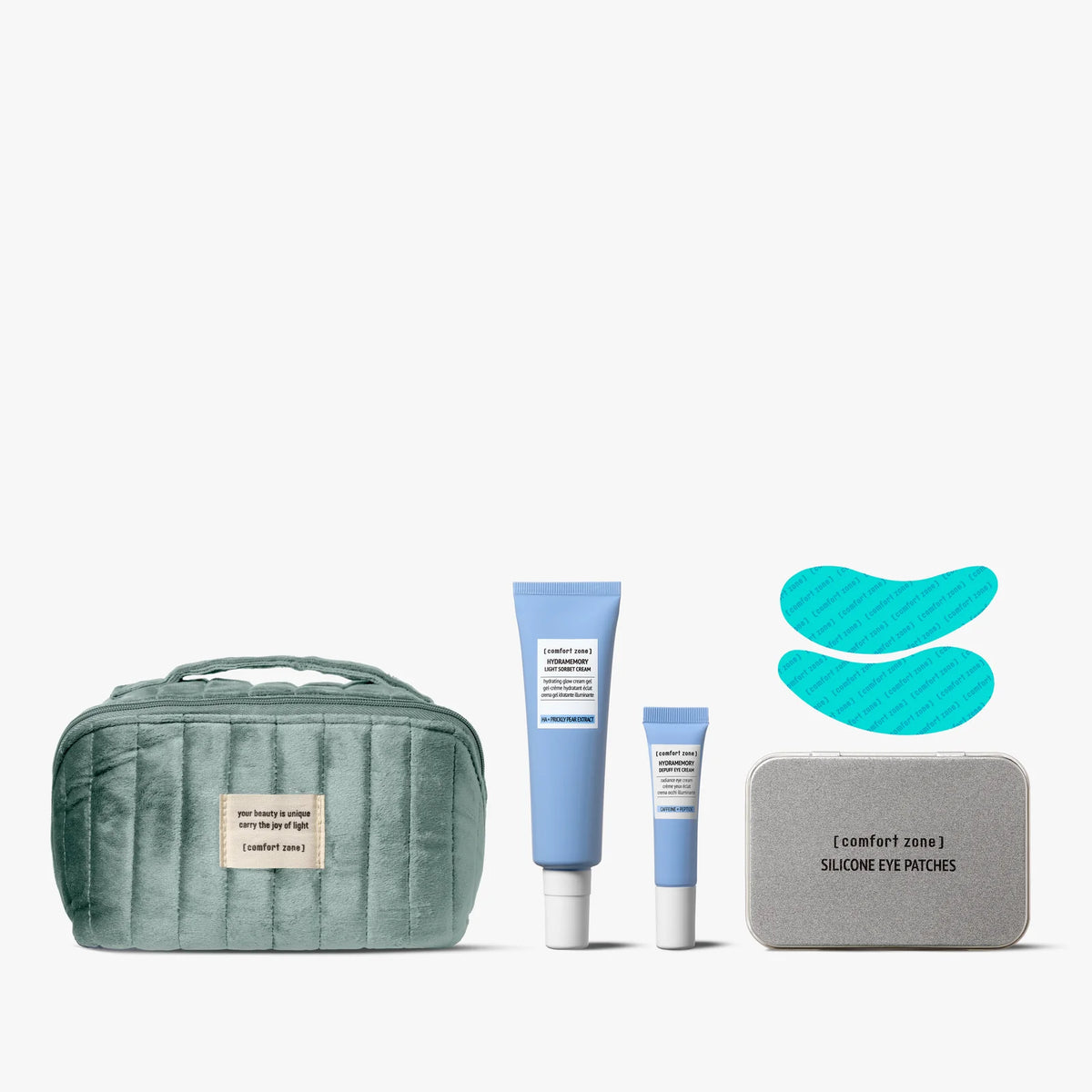 Coffret The Hydra & Glow Beauty Ritual Comfort Zone : trousse verte, Light Sorbet Cream, Depuff Eye Cream et patchs réutilisables.