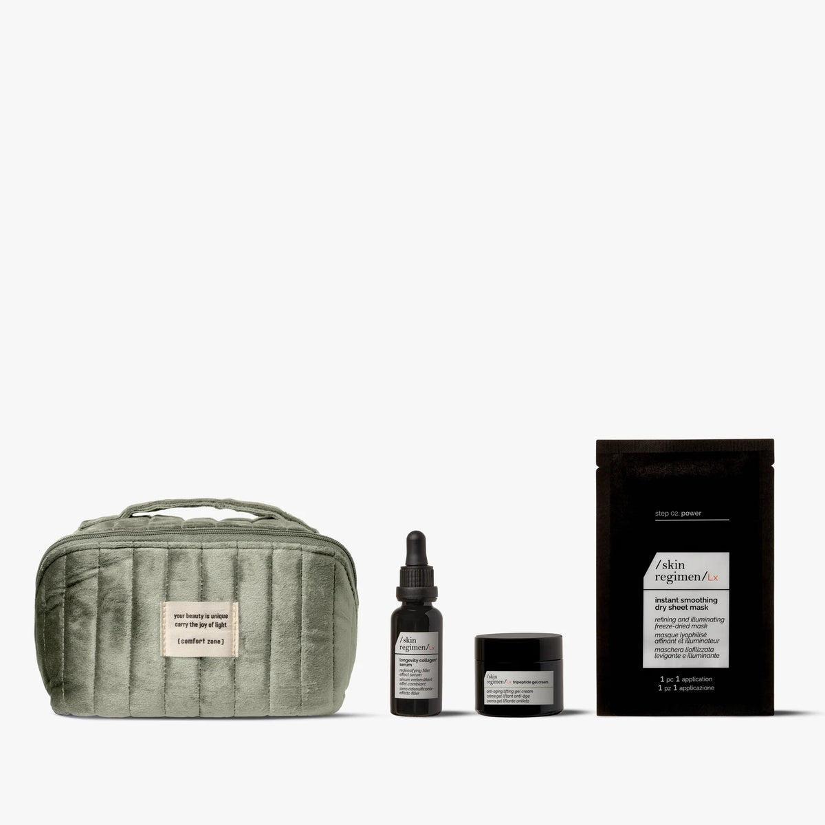 Coffret The Skin Longevity Ritual Comfort Zone : sérum Collagen+, Tripeptide Gel Cream, masque tissu et trousse dorée.