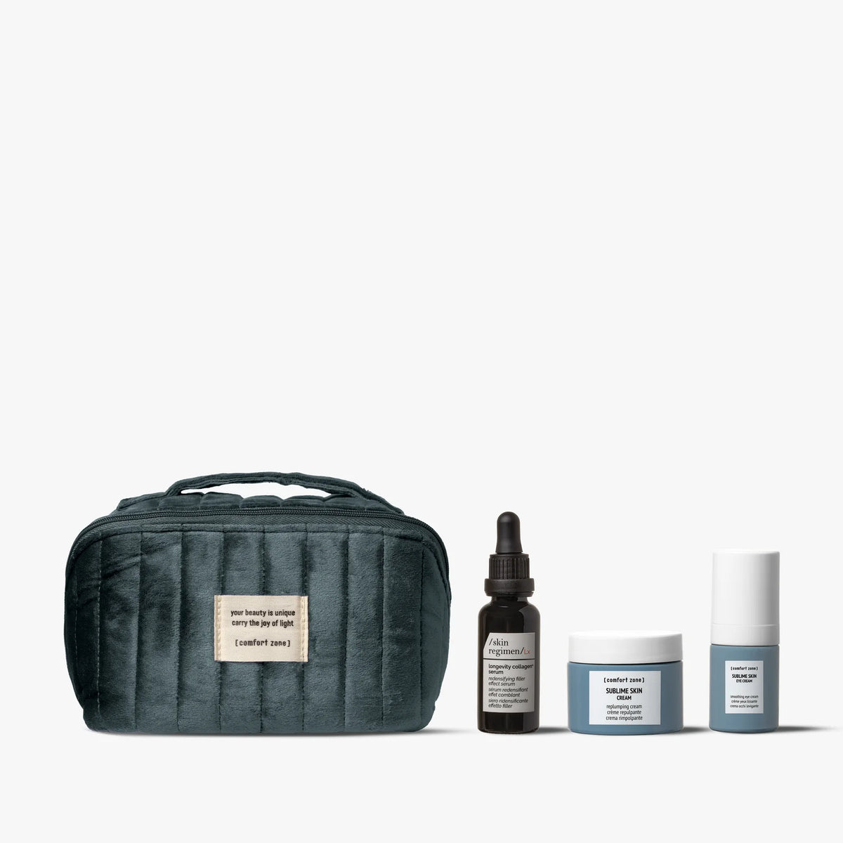 Coffret The Timeless Beauty Ritual Comfort Zone : trousse vert foncé, sérum Longevity Collagen+, crème Sublime Skin et contour des yeux.