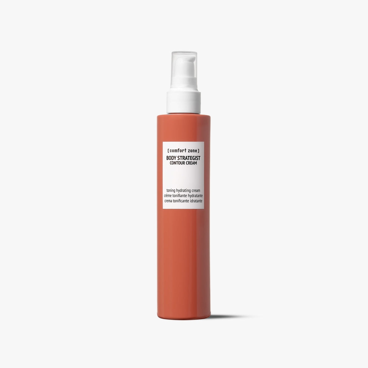 Flacon corail Comfort Zone Body Strategist Contour Cream 200 ml avec pompe blanche et capuchon transparent, sur fond blanc.
