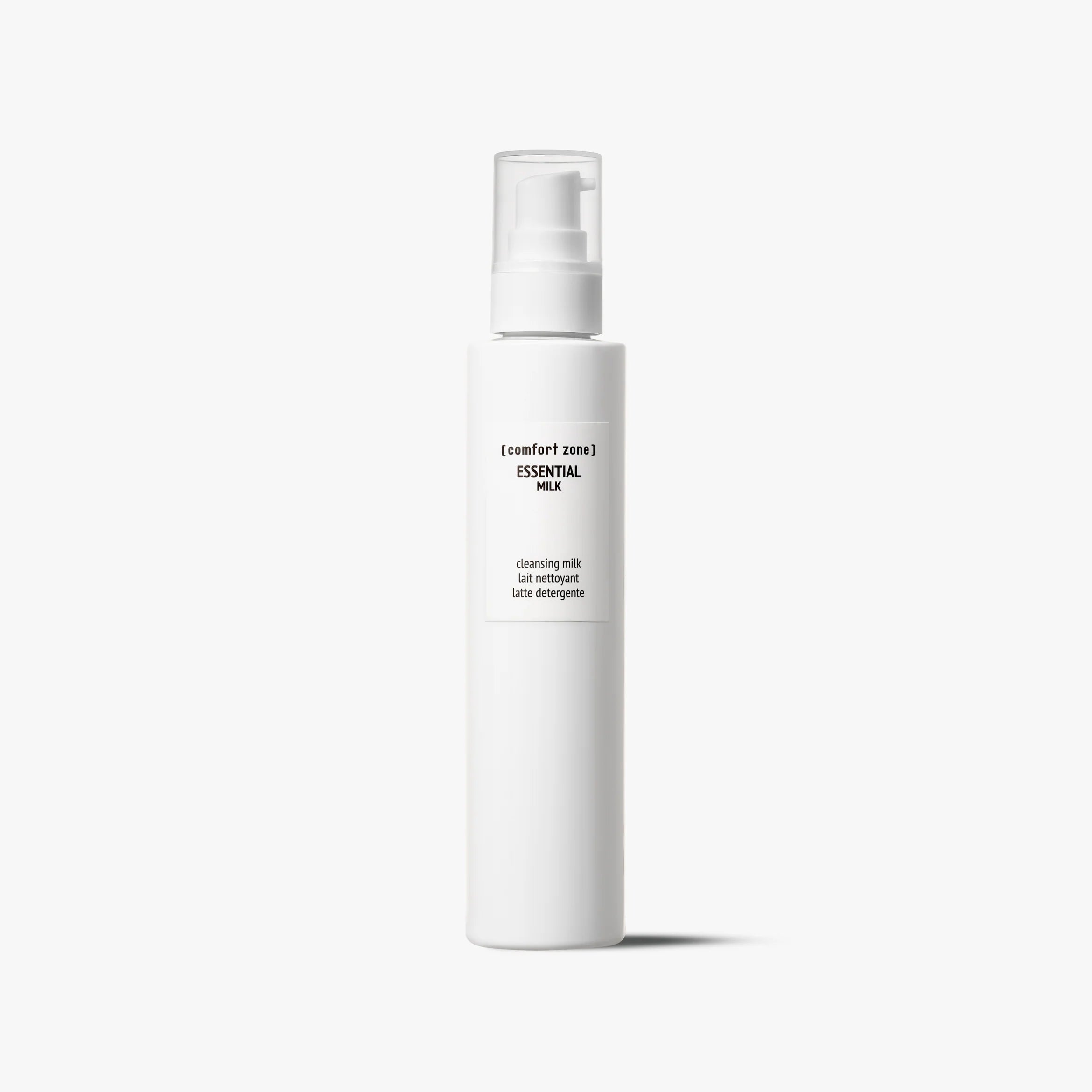 Comfort Zone Essential Milk, lait nettoyant doux pour le visage, conçu pour retirer les impuretés et le maquillage avec une texture lactée confortable tout en laissant la peau souple, propre et apaisée
