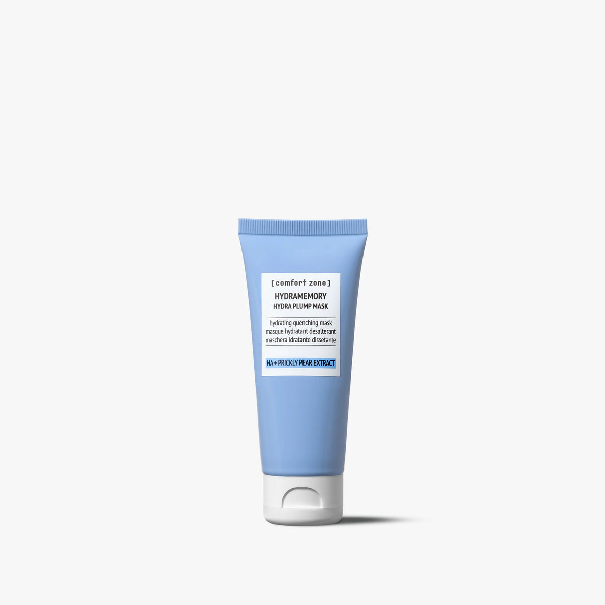 Tube bleu de Comfort Zone Hydramemory Hydra Plump Mask 60 ml, masque hydratant pour le visage, sur fond blanc.