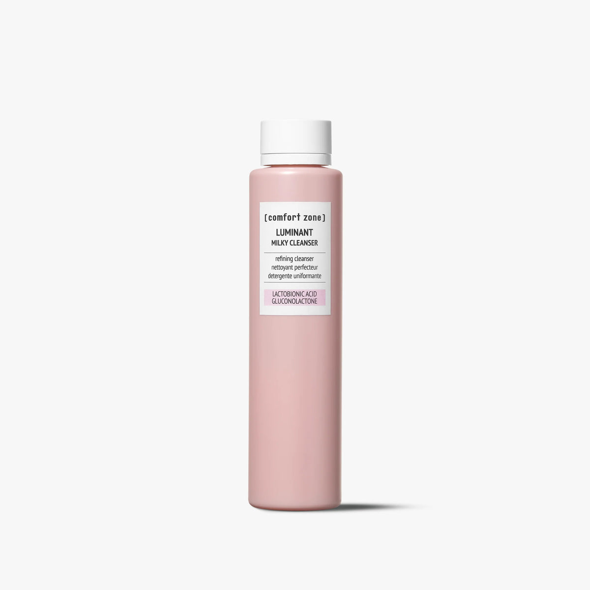 Flacon rose de Luminant Milky Cleanser 200 ml de Comfort Zone, présenté sur fond blanc.