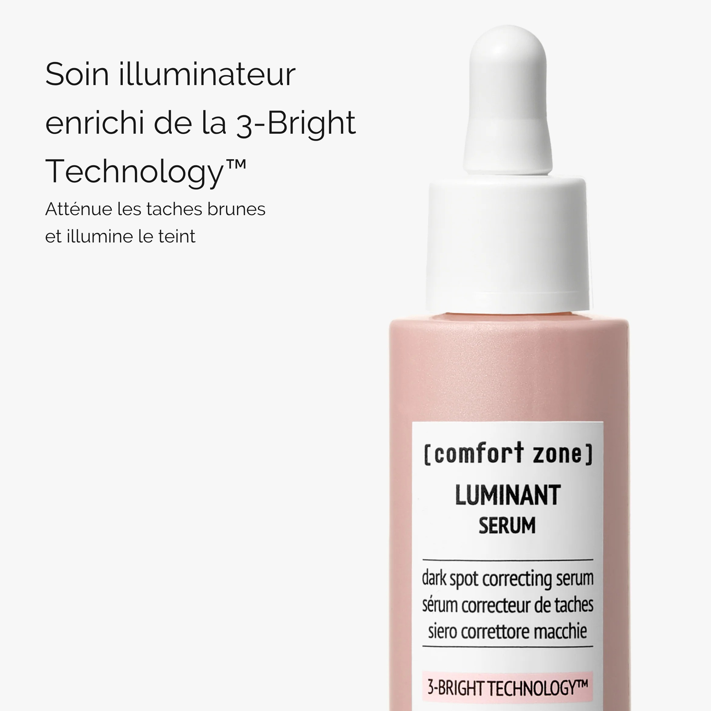Comfort Zone Luminant Serum, sérum illuminateur correcteur de taches pour le visage, enrichi de la 3-Bright Technology™, conçu pour atténuer l’apparence des taches brunes, raviver l’éclat du teint et laisser la peau plus lumineuse, uniforme et visiblement éclatante