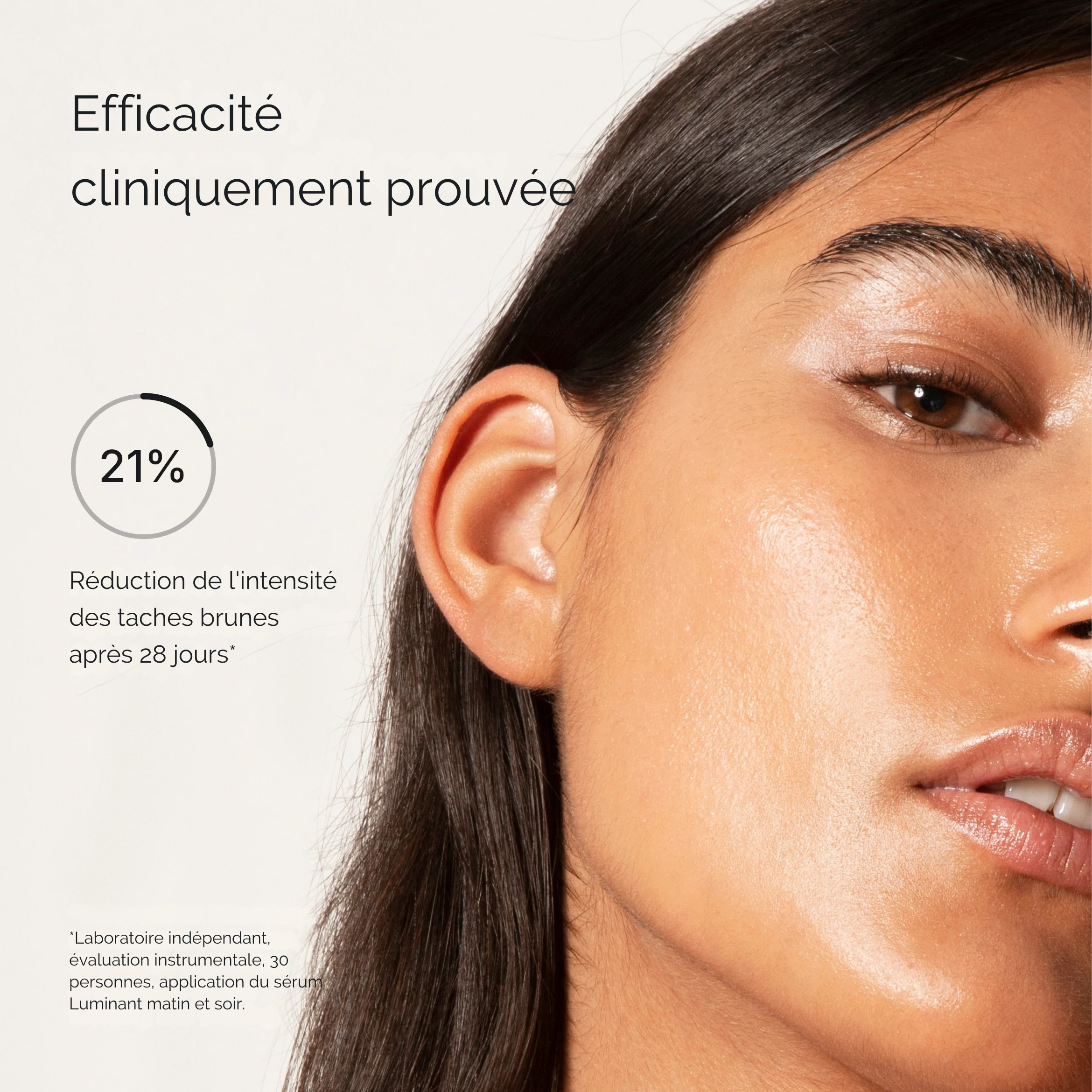 Visuel résultat du Comfort Zone Luminant Serum, sérum illuminateur correcteur de taches pour le visage, avec efficacité cliniquement prouvée sur la réduction de l’intensité des taches brunes après 28 jours, pour une peau plus uniforme, lumineuse et visiblement éclatante