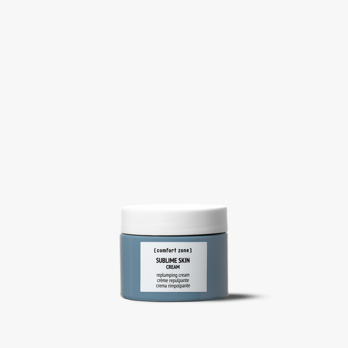 Pot bleu Comfort Zone Sublime Skin Cream 60 ml avec couvercle blanc, crème repulpante pour le visage photographiée sur fond blanc.