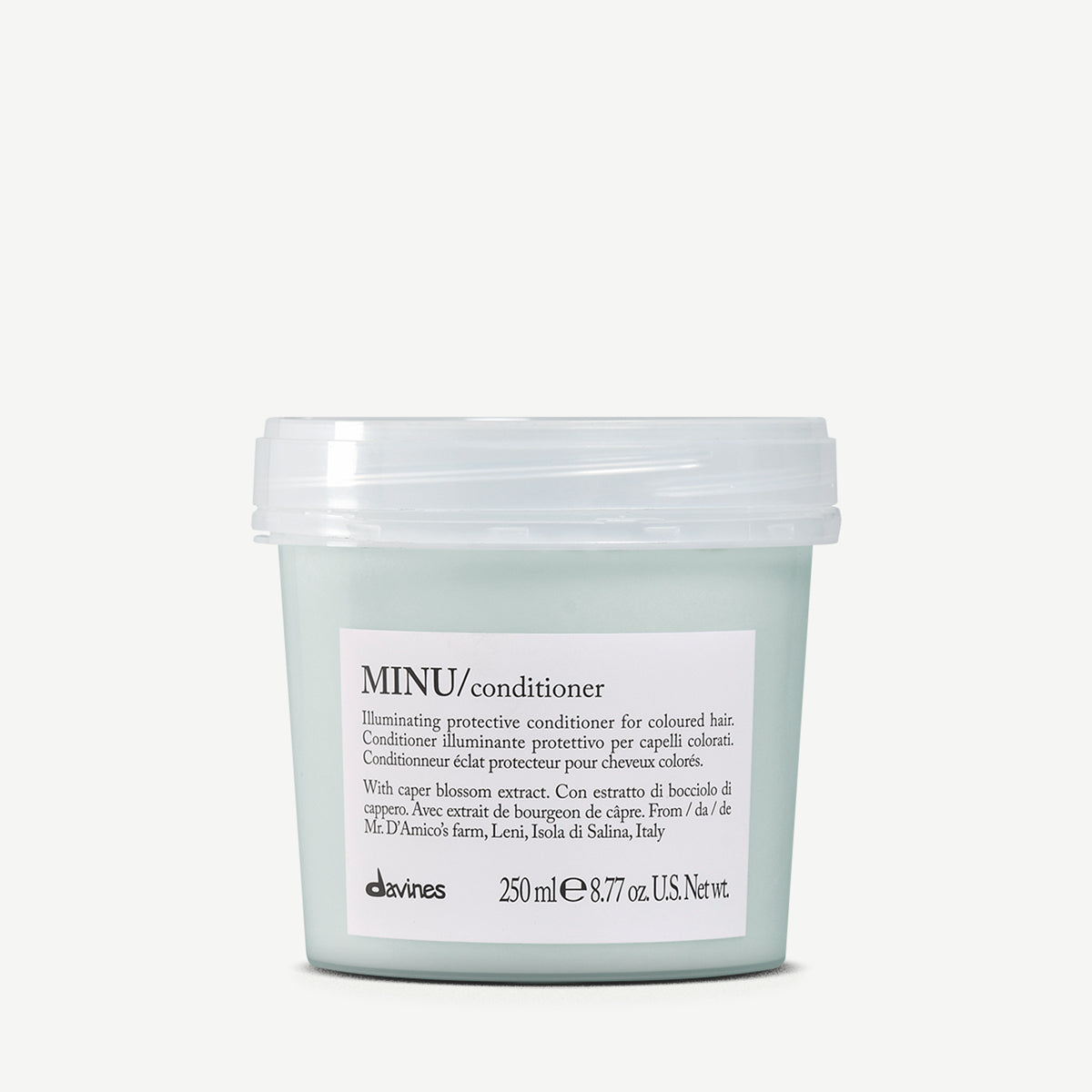 MINU Conditioner - Davines : après-shampoing éclat protecteur pour cheveux colorés. Enrichi en extrait de bourgeon de câprier pour hydrater, protéger et prolonger l’éclat de la couleur. Format 250 ml.