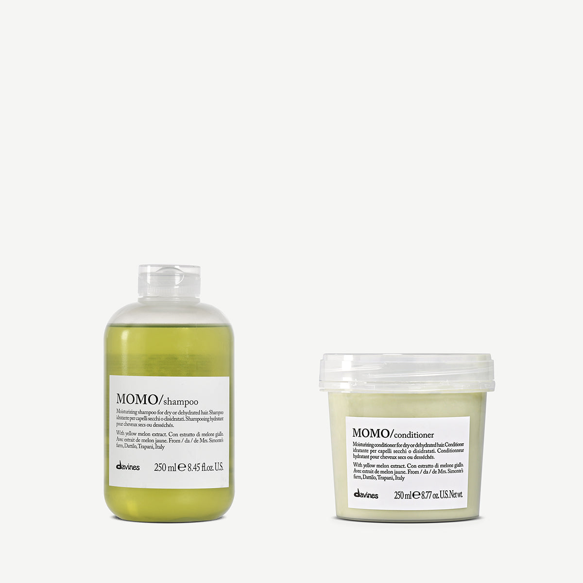 Duo de soins capillaires hydratants Davines MOMO pour cheveux secs, avec un shampoing 250 ml et un après-shampoing 250 ml, enrichis en extrait de melon jaune nourrissant