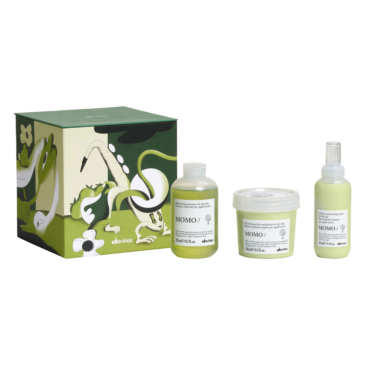 Coffret Davines MOMO Noël 2026 avec MOMO Shampoo 250 ml, MOMO Conditioner 250 ml, MOMO Serum 150 ml