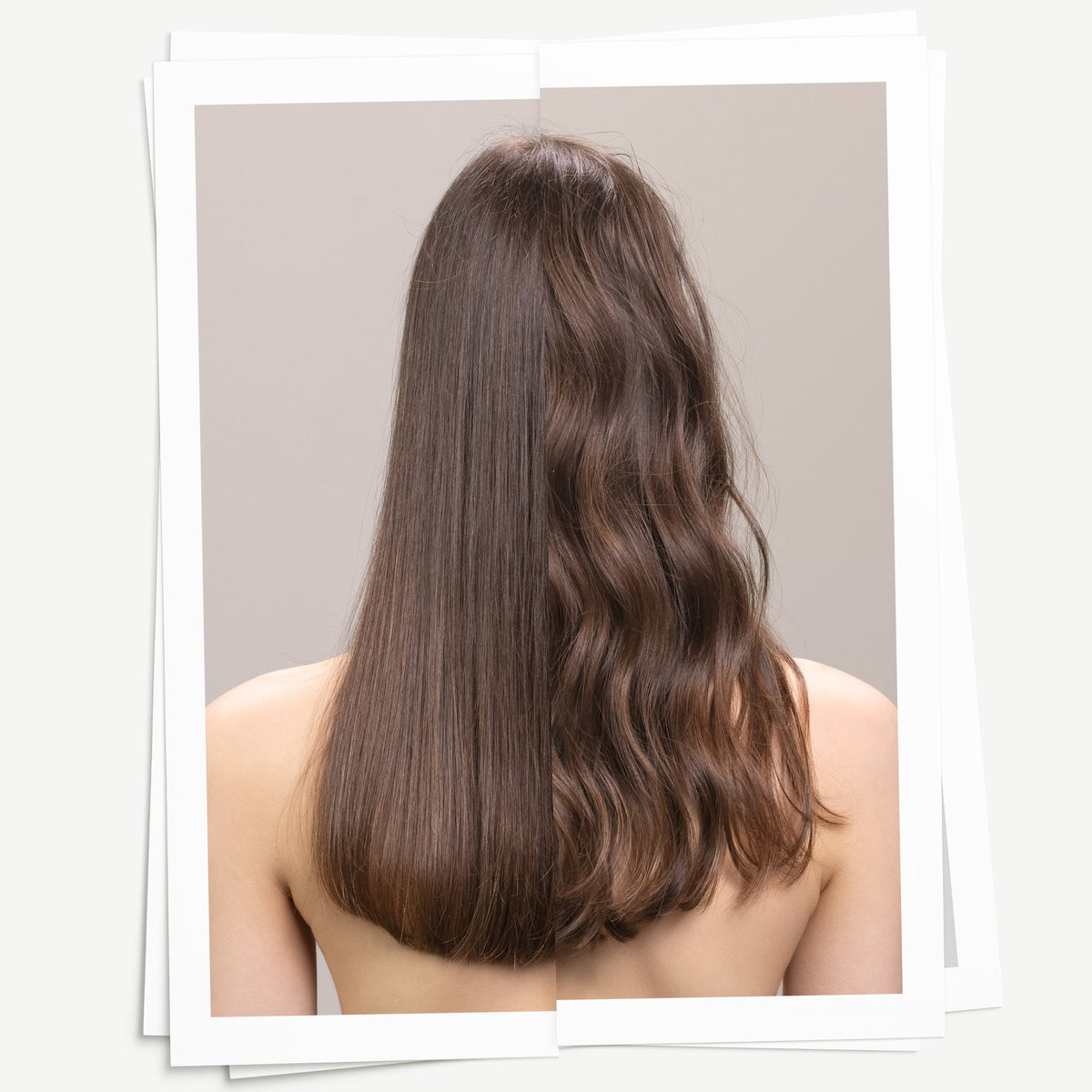 Visuel Davines comparant des cheveux bruns lisses et une coiffure ondulée avec davantage de texture et de mouvement, pour This Is A Dry Texturizer.