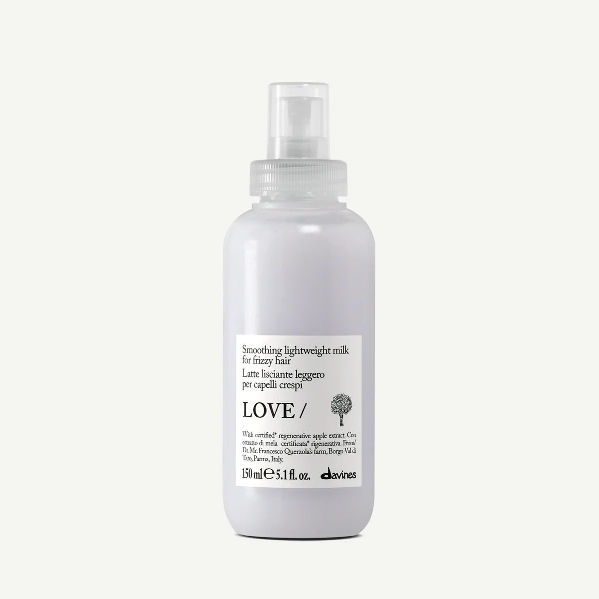 Davines LOVE Smoothing Lightweight Milk 150 ml, lait lissant léger sans rinçage pour cheveux frisottés ou indisciplinés, conçu pour aider à contrôler les frisottis, adoucir la fibre capillaire et faciliter le coiffage tout en gardant un fini souple et léger