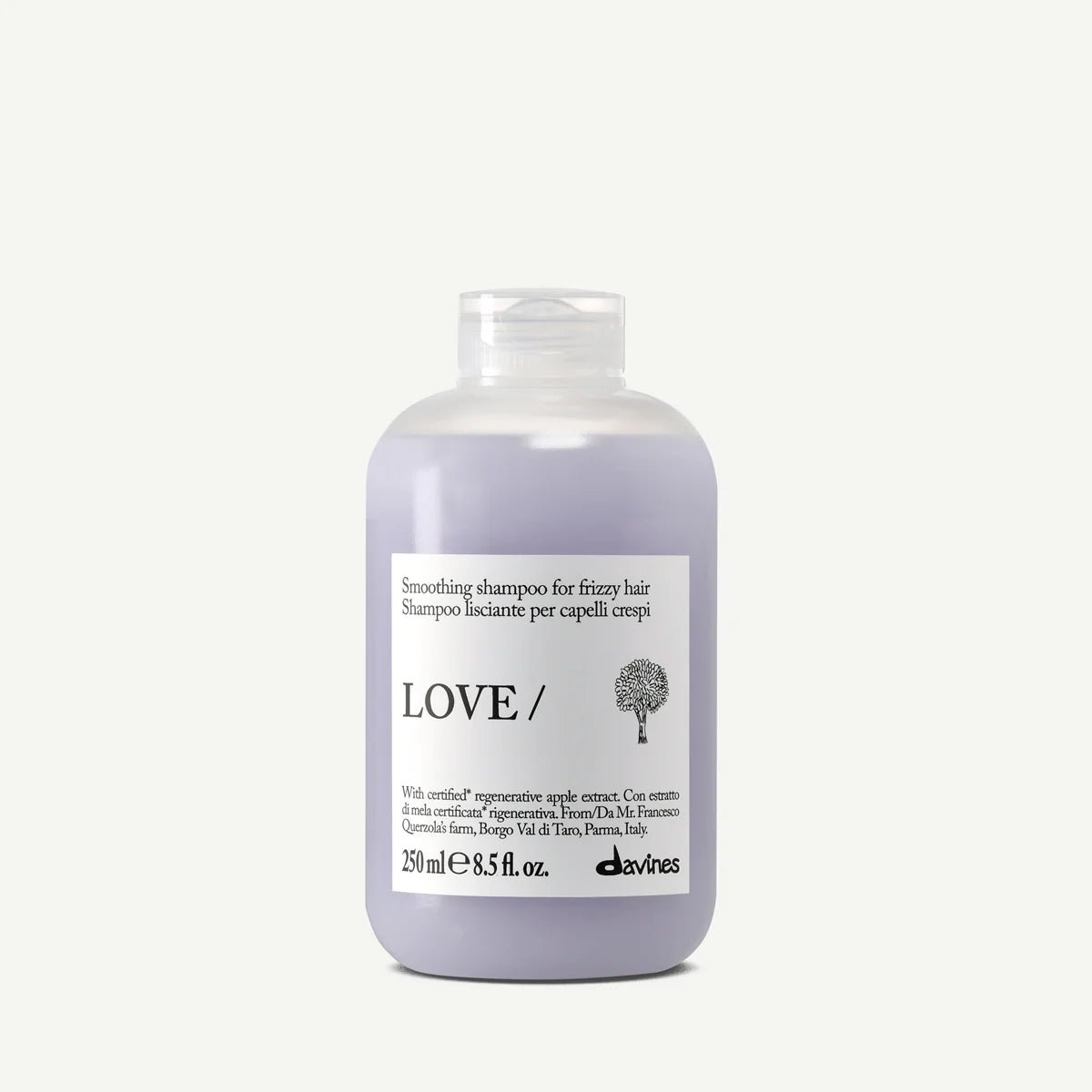 Davines LOVE Smoothing Shampoo 250 ml, shampooing lissant pour cheveux frisottés ou indisciplinés, conçu pour nettoyer en douceur, aider à contrôler les frisottis et laisser les cheveux plus souples, doux et faciles à coiffer