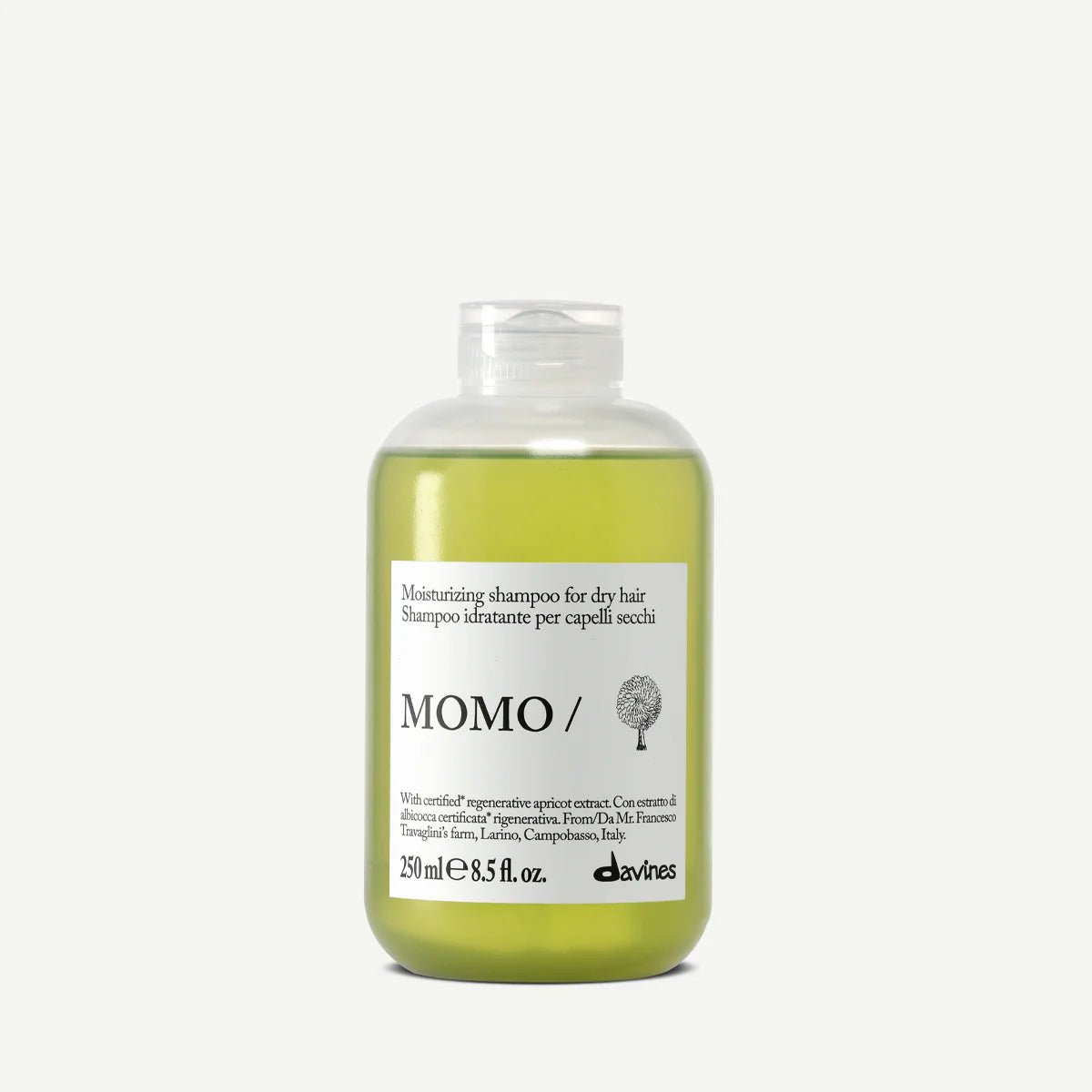 Davines MOMO Shampoo 250 ml, shampooing hydratant pour cheveux secs et déshydratés, conçu pour nettoyer en douceur, apporter souplesse et légèreté et préserver l’hydratation naturelle de la fibre capillaire