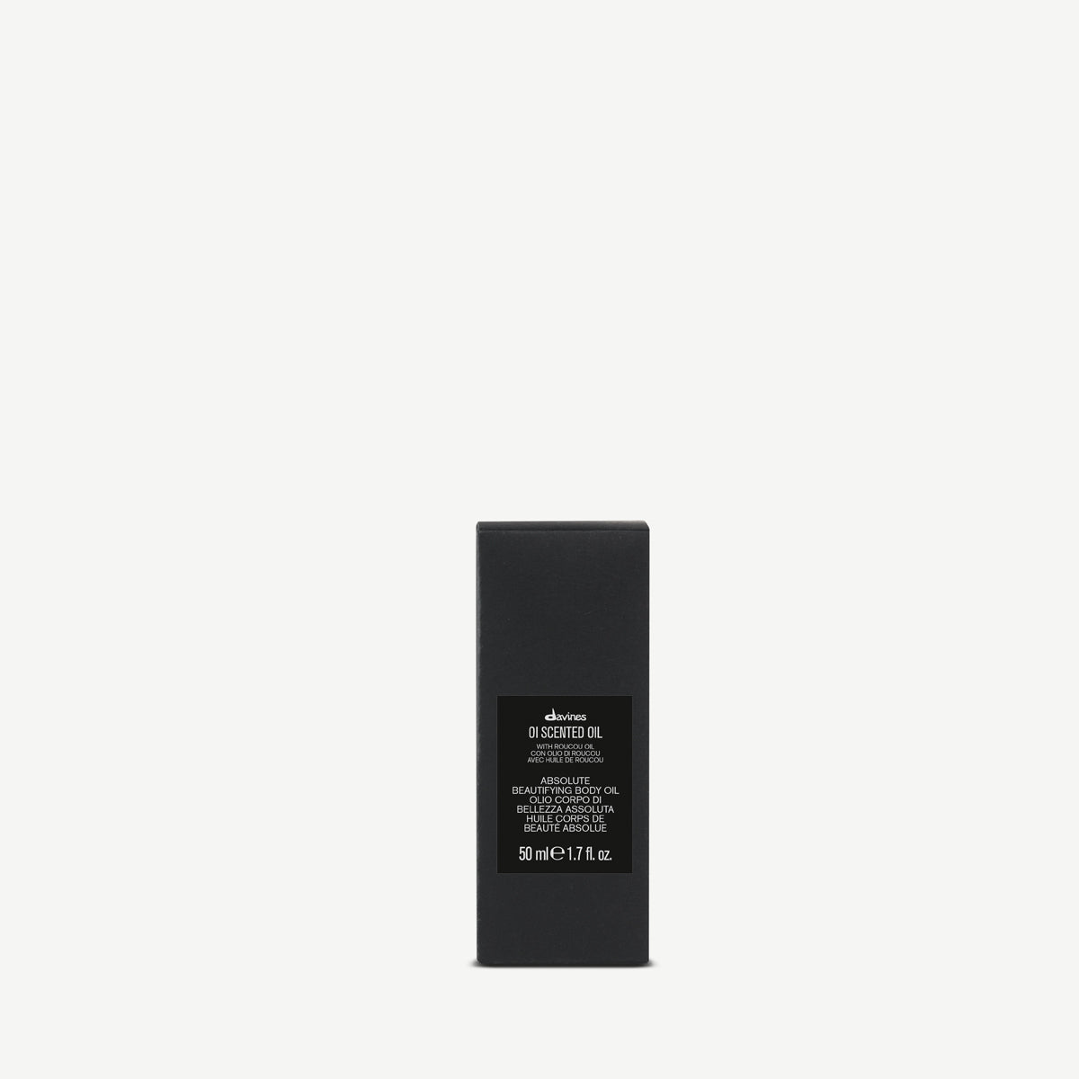 Étui noir Davines OI Scented Oil 50 ml sur fond clair.