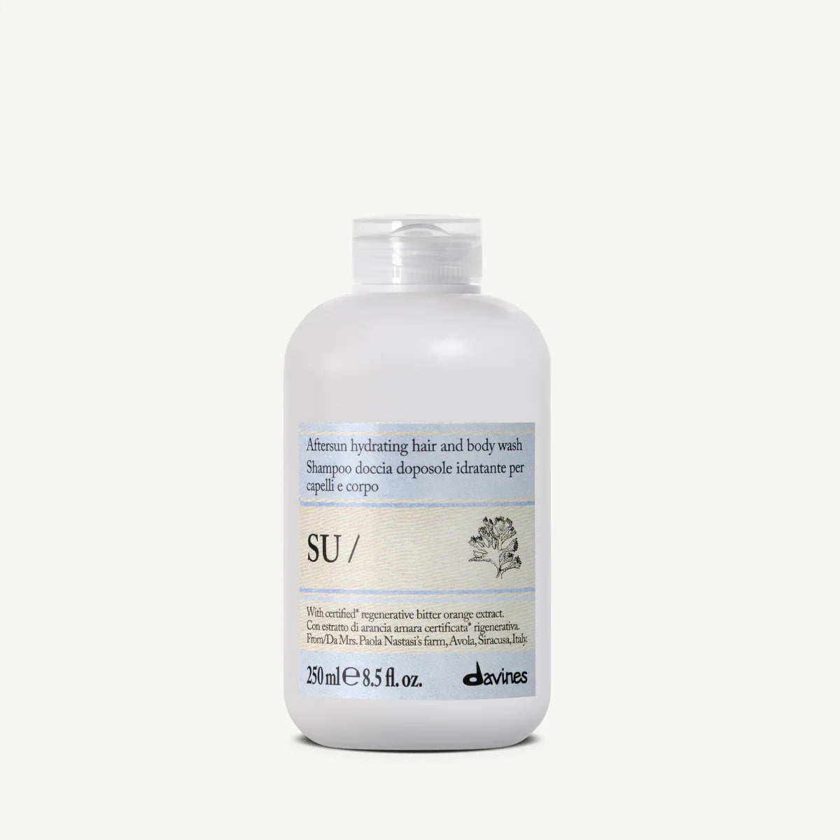 Davines SU Hair & Body Wash, shampooing douche hydratant après-soleil pour nettoyer en douceur les cheveux et le corps exposés au soleil