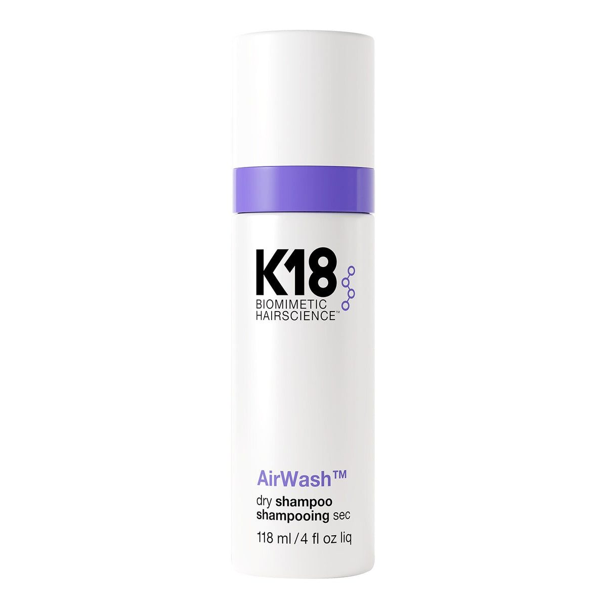 Flacon K18 AirWash™ shampooing sec 118 ml sur fond blanc.