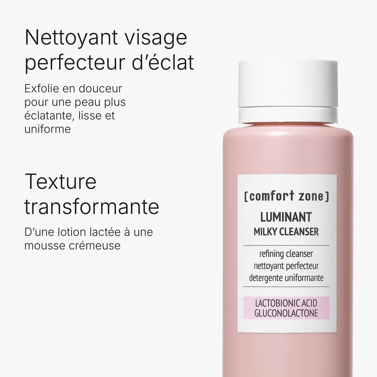 Visuel de Luminant Milky Cleanser présentant le flacon et sa texture qui passe du lait à la mousse crémeuse.