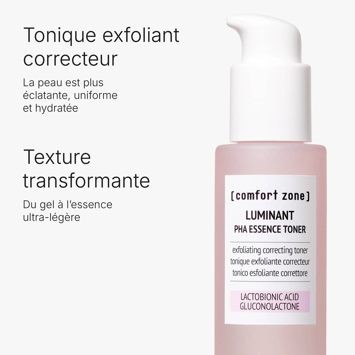 Visuel du flacon Luminant PHA Essence Toner présentant sa texture qui passe du gel à une essence légère.