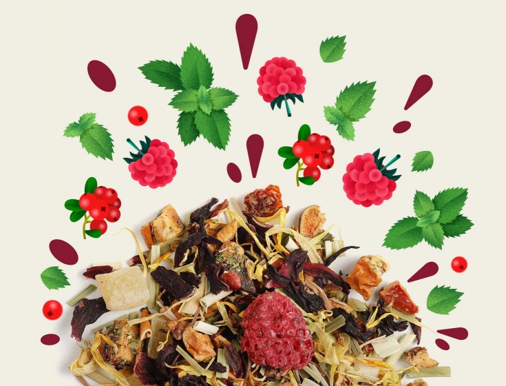 Image illustrant les ingrédients de l'infusion "MOJITO FRAMBOISE" de la marque Maison Bourgeon. L'image montre un mélange d'infusion en vrac avec des morceaux de framboises, de menthe et autres ingrédients, entouré d'illustrations de framboises, de feuilles de menthe et de baies.