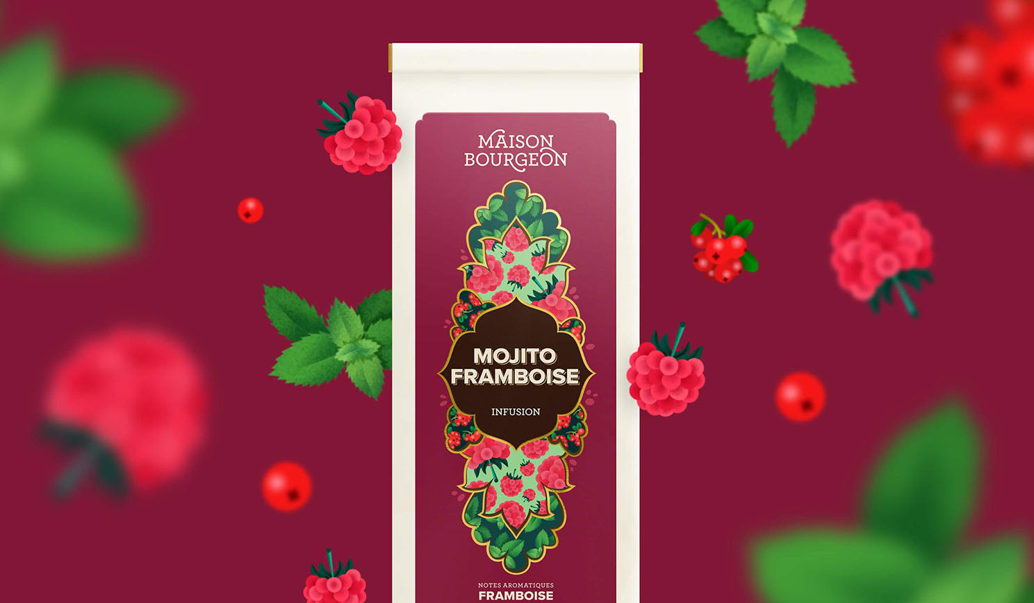 Paquet d'infusion Maison Bourgeon Mojito Framboise avec des illustrations de framboises et de feuilles de menthe en arrière-plan.