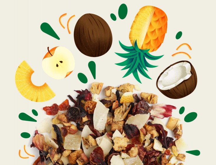 Image illustrant les ingrédients de l'infusion "PIÑA COLADA" de la marque Maison Bourgeon. L'image montre un mélange d'infusion en vrac avec des morceaux d'ananas, de noix de coco, de pommes et d'hibiscus, entouré d'illustrations de ces ingrédients.