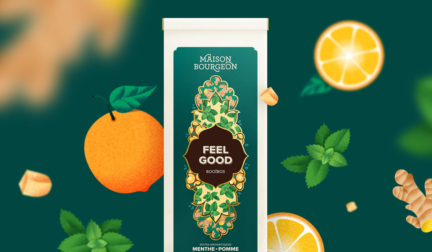 Maison Bourgeon Feel Good Rooibos - Thé aux notes aromatiques de menthe et pomme. Présentation du thé Feel Good dans son emballage avec des illustrations des ingrédients clés tels que l'orange, la menthe, et le gingembre.