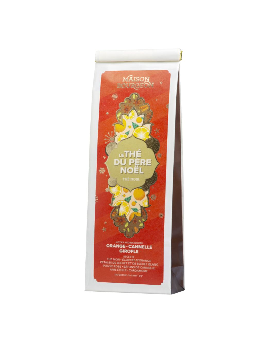 Thé du Père Noël - Maison Bourgeon : thé noir aux épices de Noël, agrémenté d’écorces d’orange, cannelle, girofle et pétales de bleuet. Une infusion chaleureuse et festive pour l’hiver.