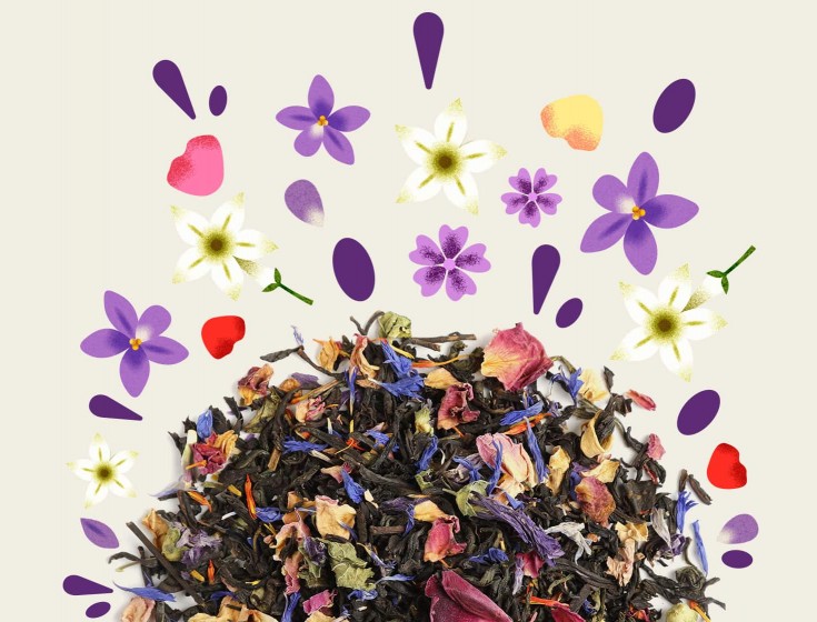 Image illustrant les ingrédients de l'infusion "MACARON VIOLETTE" de la marque Maison Bourgeon. L'image montre un mélange de thé noir et vert en vrac avec des pétales de fleurs de rose, de jasmin et de violette, entouré d'illustrations de ces fleurs.