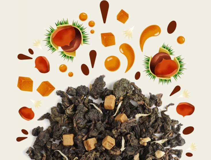 Image illustrant les ingrédients de l'infusion "MARRONS CHAUDS CARAMEL" de la marque Maison Bourgeon. L'image montre un mélange de thé Oolong en vrac avec des morceaux de caramel et de châtaigne, entouré d'illustrations de ces ingrédients.