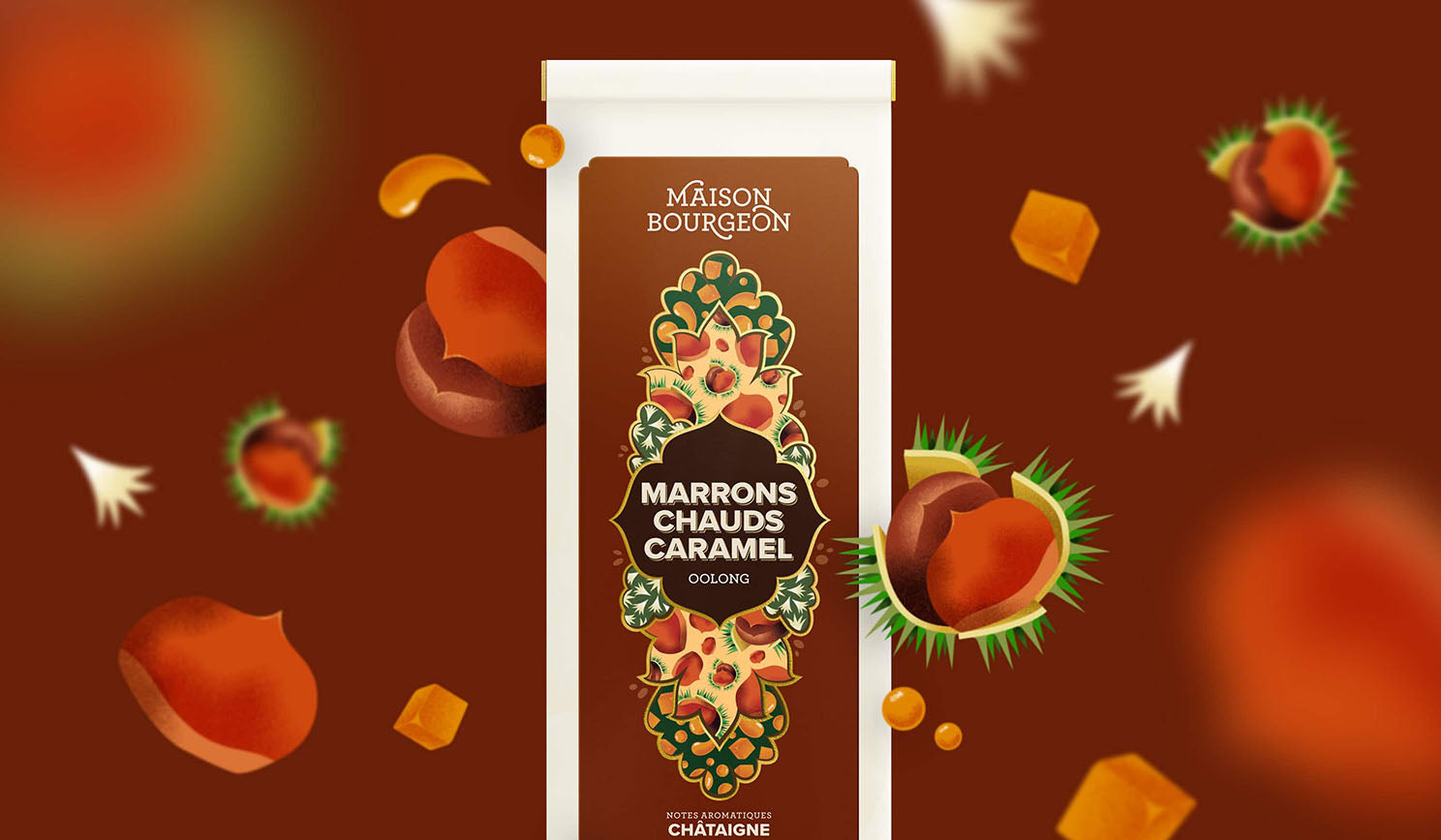 Paquet de thé Oolong Maison Bourgeon Marrons Chauds Caramel avec des illustrations de châtaignes et de caramel en arrière-plan.