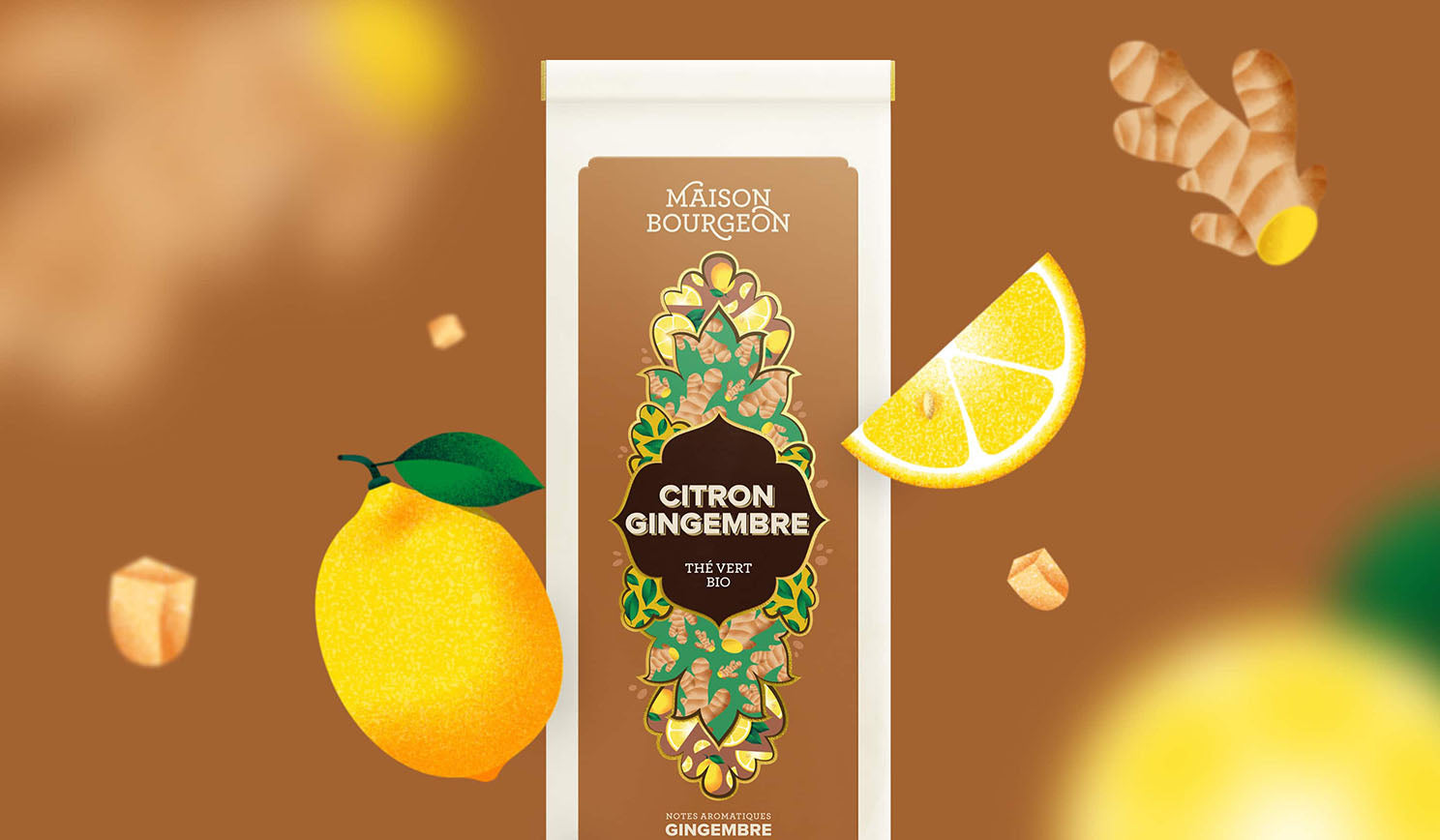 Illustration du thé vert bio Citron Gingembre de Maison Bourgeon. L'image présente un citron entier, des quartiers de citron et des morceaux de gingembre, entourant le paquet de thé. Elle met en avant les saveurs fraîches et épicées de cette infusion bio.