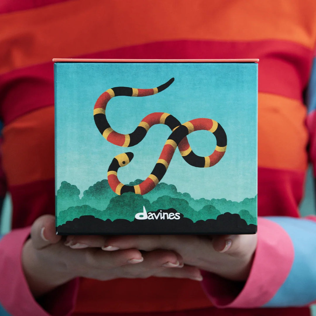 Coffret Davines OI Discovery illustré d’un serpent rouge, noir et jaune, tenu entre deux mains.