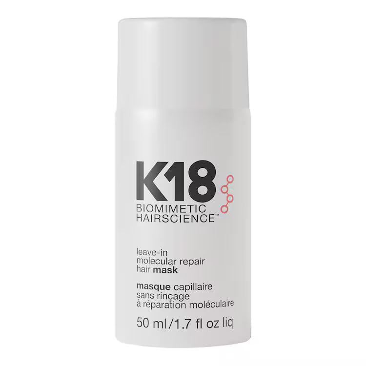 Flacon blanc de 50 ml du masque réparateur moléculaire sans rinçage K18, présenté de face sur fond blanc.