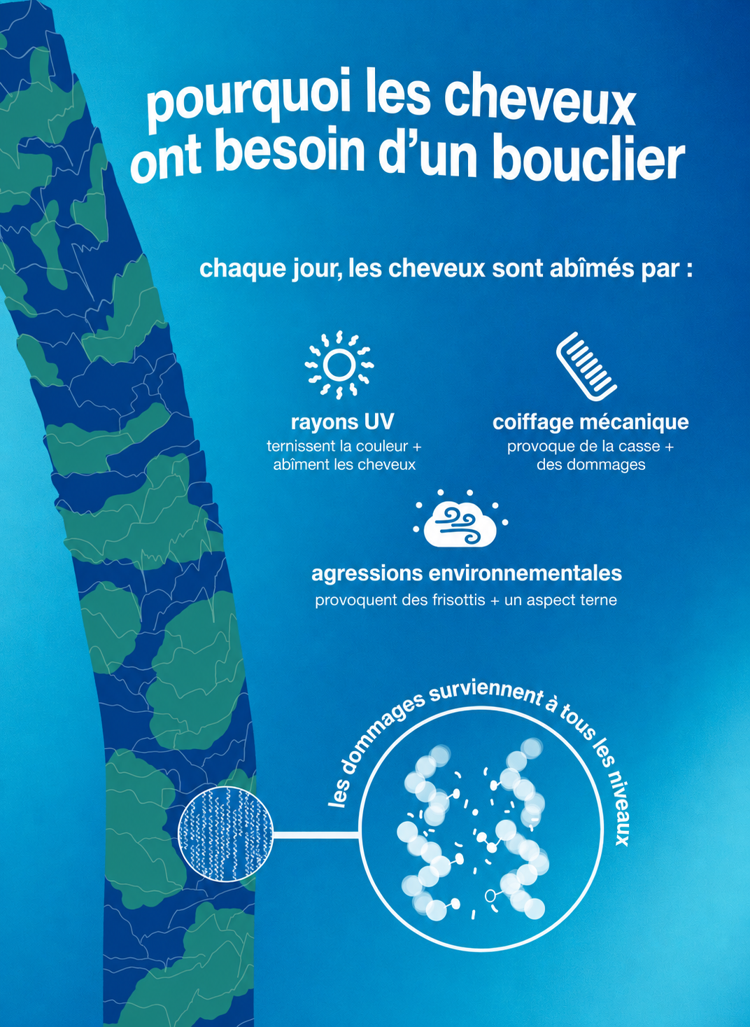 Infographie K18 Damage Shield sur les dommages quotidiens des cheveux : rayons UV, coiffage mécanique et agressions environnementales.