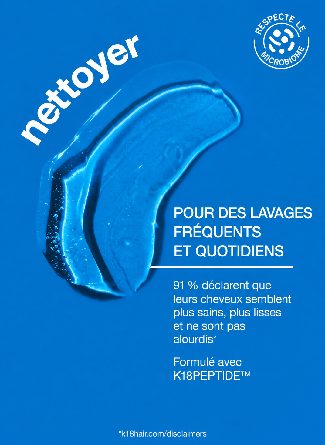Infographie K18 Damage Shield : shampooing pour les lavages fréquents, formule au K18PEPTIDE et résultats du test consommateurs.
