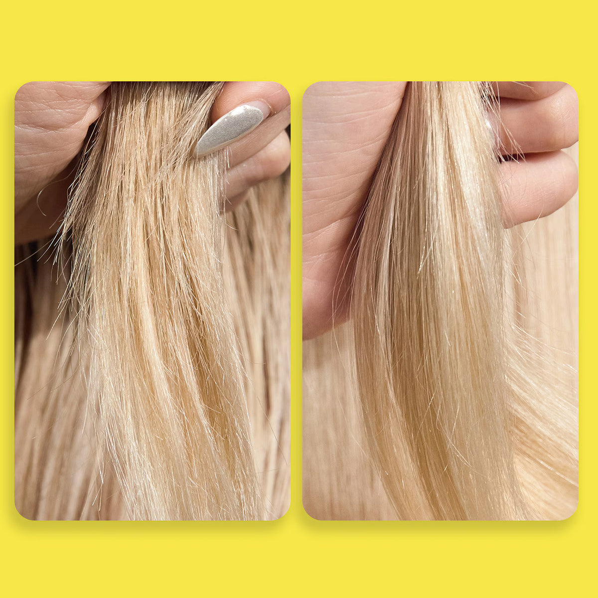 Deux vues de mèches blondes côte à côte : les cheveux présentent davantage de frisottis à gauche et un aspect plus lisse et uniforme à droite.