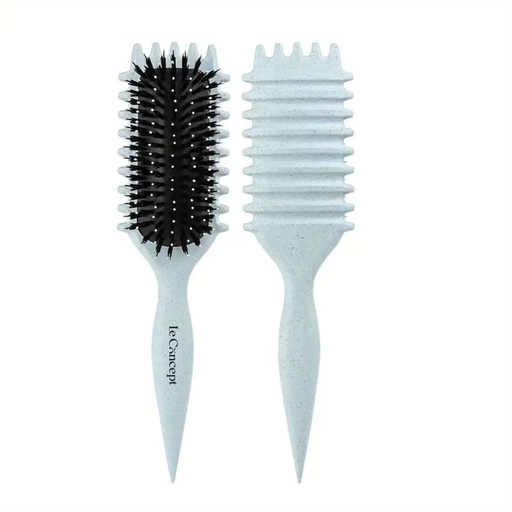 Brosse Définition Iconic Curl bleu glacier, vues avant et arrière présentant la tête à picots et les rainures pour la formation des boucles.