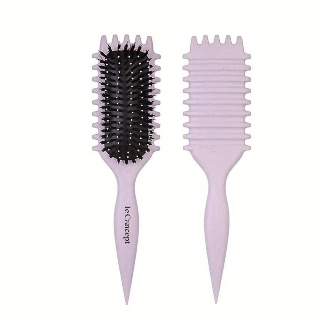 Brosse Définition Iconic Curl couleur lavande, vues avant et arrière avec picots mixtes et rainures sculptantes pour boucles.