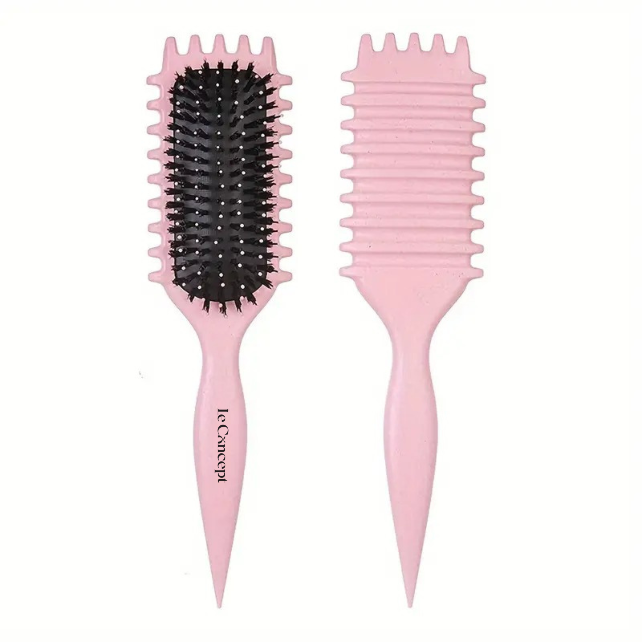 Brosse Définition Iconic Curl rose pâle, double vue illustrant picots courts et longs ainsi que dos rainuré pour définir les boucles.