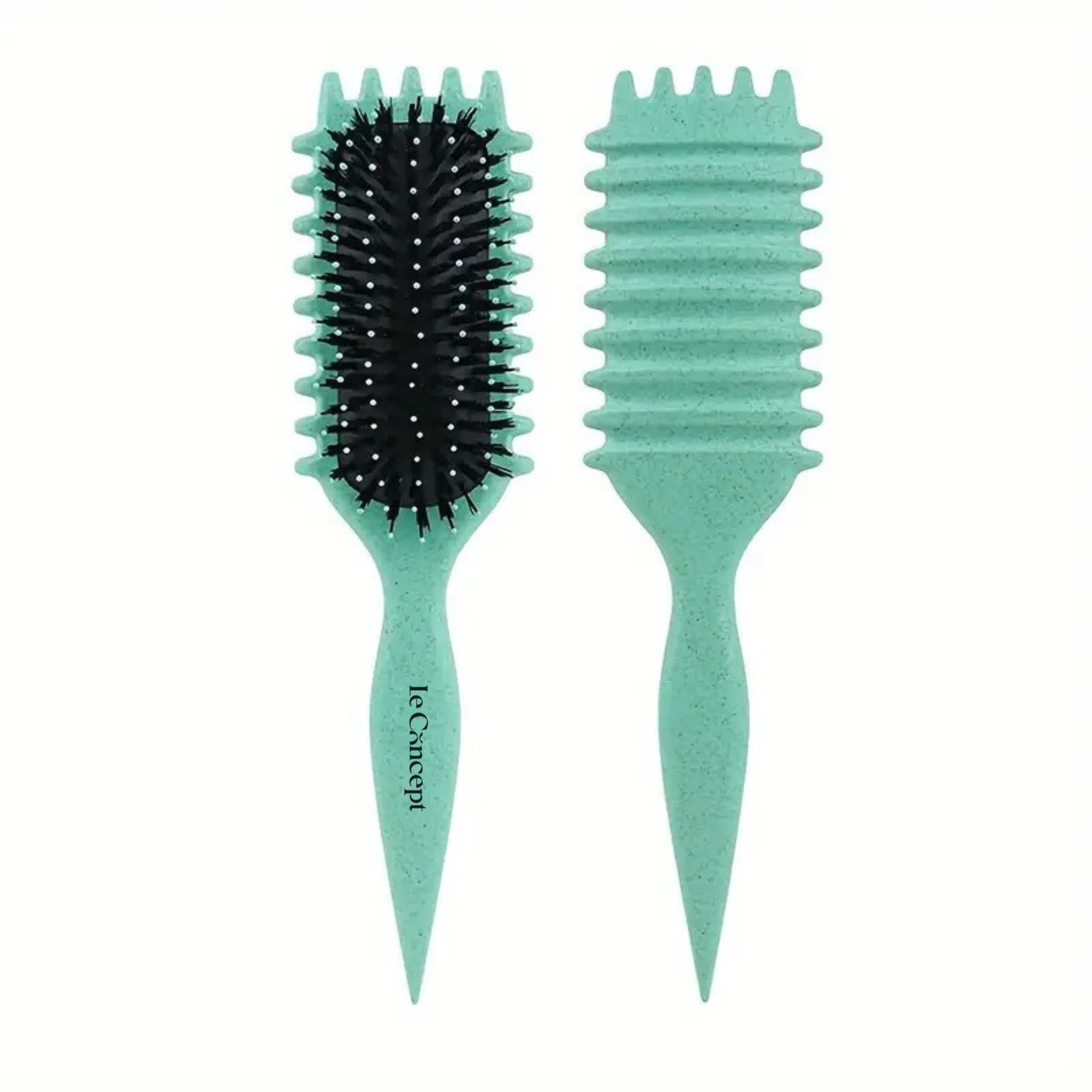 Brosse Définition Iconic Curl vert menthe, photos avant et arrière mettant en valeur le manche ergonomique et les rainures guide-boucles.