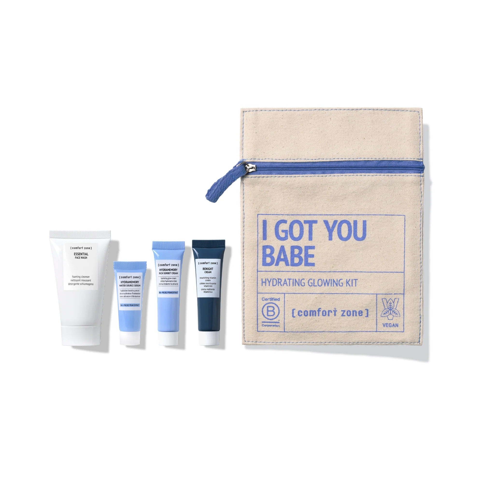 Coffret I Got You Babe Comfort Zone : trousse en coton beige zippée et quatre mini-soins visage (Essential Face Wash, Hydramemory Water Source Serum, Hydramemory Rich Sorbet Cream, Renight Cream) alignés sur fond blanc – routine hydratante et éclat.